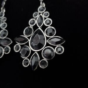 Elegant Black Faceted Onyx Stone Chandelier Earrings Pierce Hook Gunmetal Set